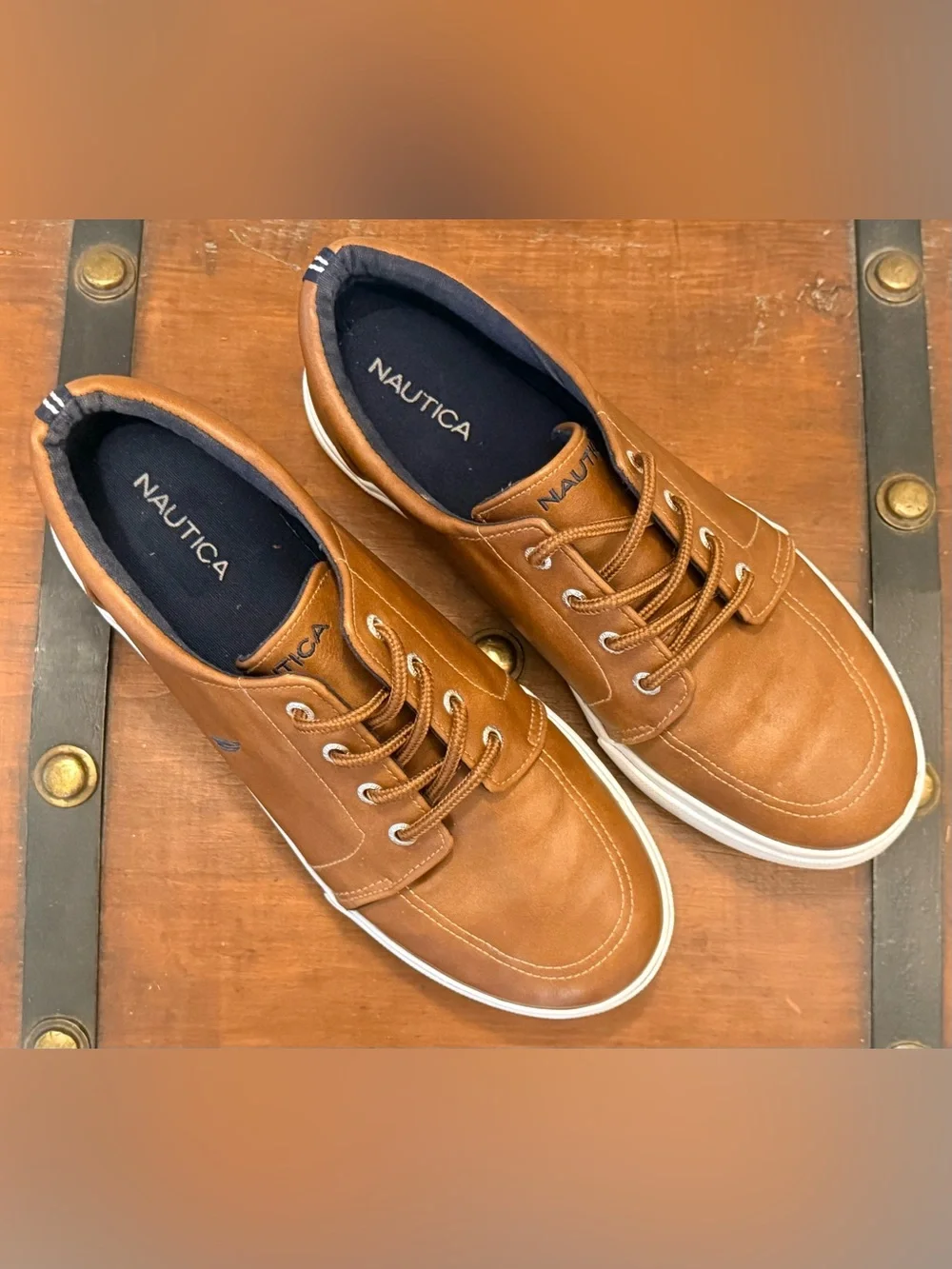 Nautica Men's PU Brown Leather Boat Sneakers with White Sole